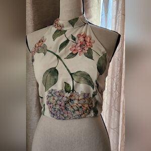 Floral Halter Crop Top in White with Green and Pastel Blooms